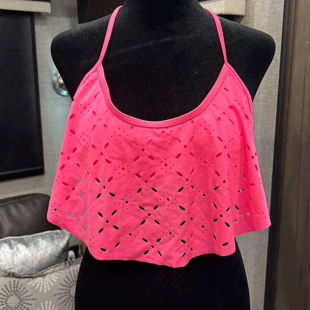 New SO Neon Pink Laser Cut Flounce Bikini Top XG61BD12JN‎ Swimwear L